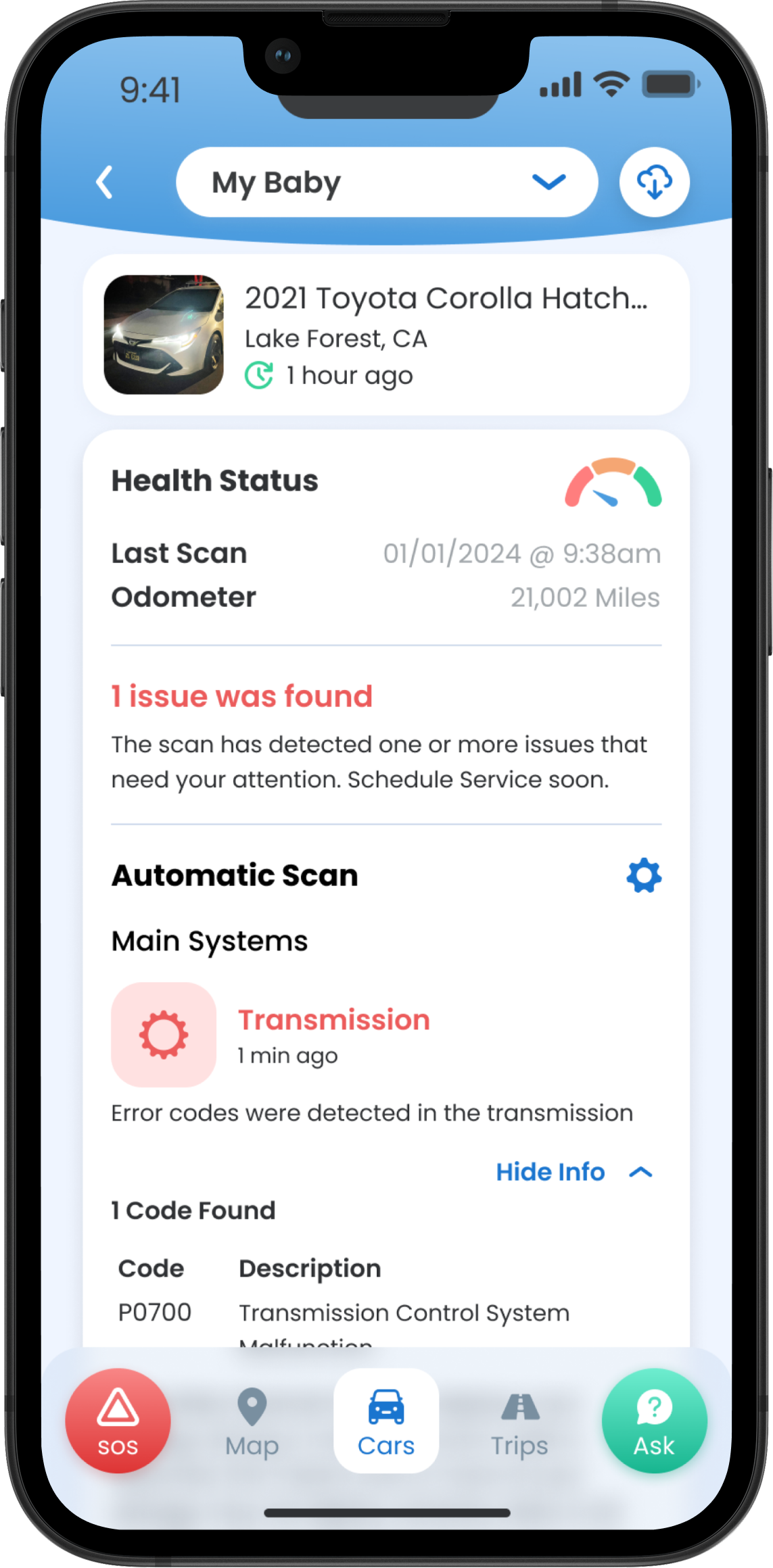 CarMD Connect app showing a warning light translated into a plain-English diagnostic