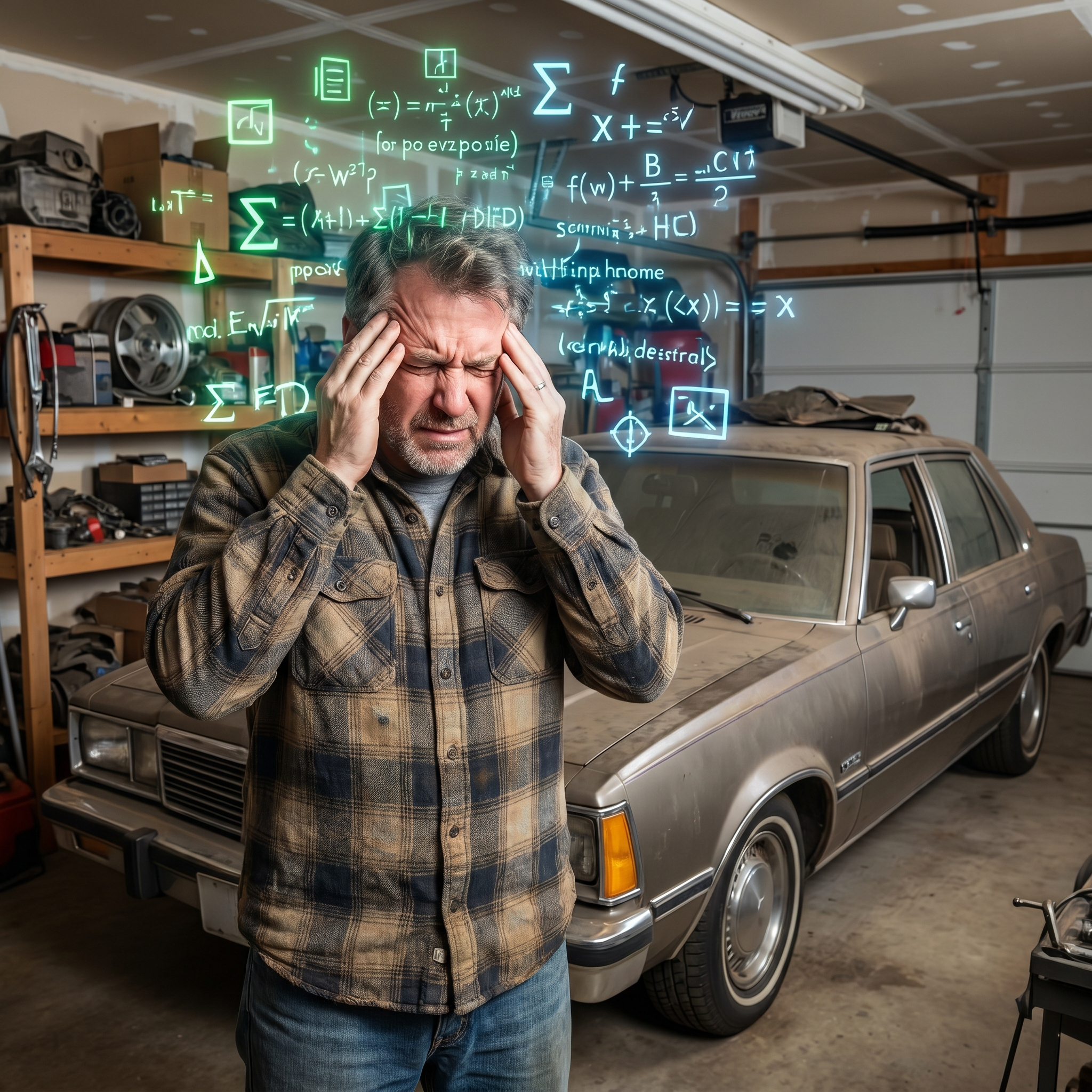 Driver looking confused at a cryptic check engine code on the dashboard without CarMD Connect