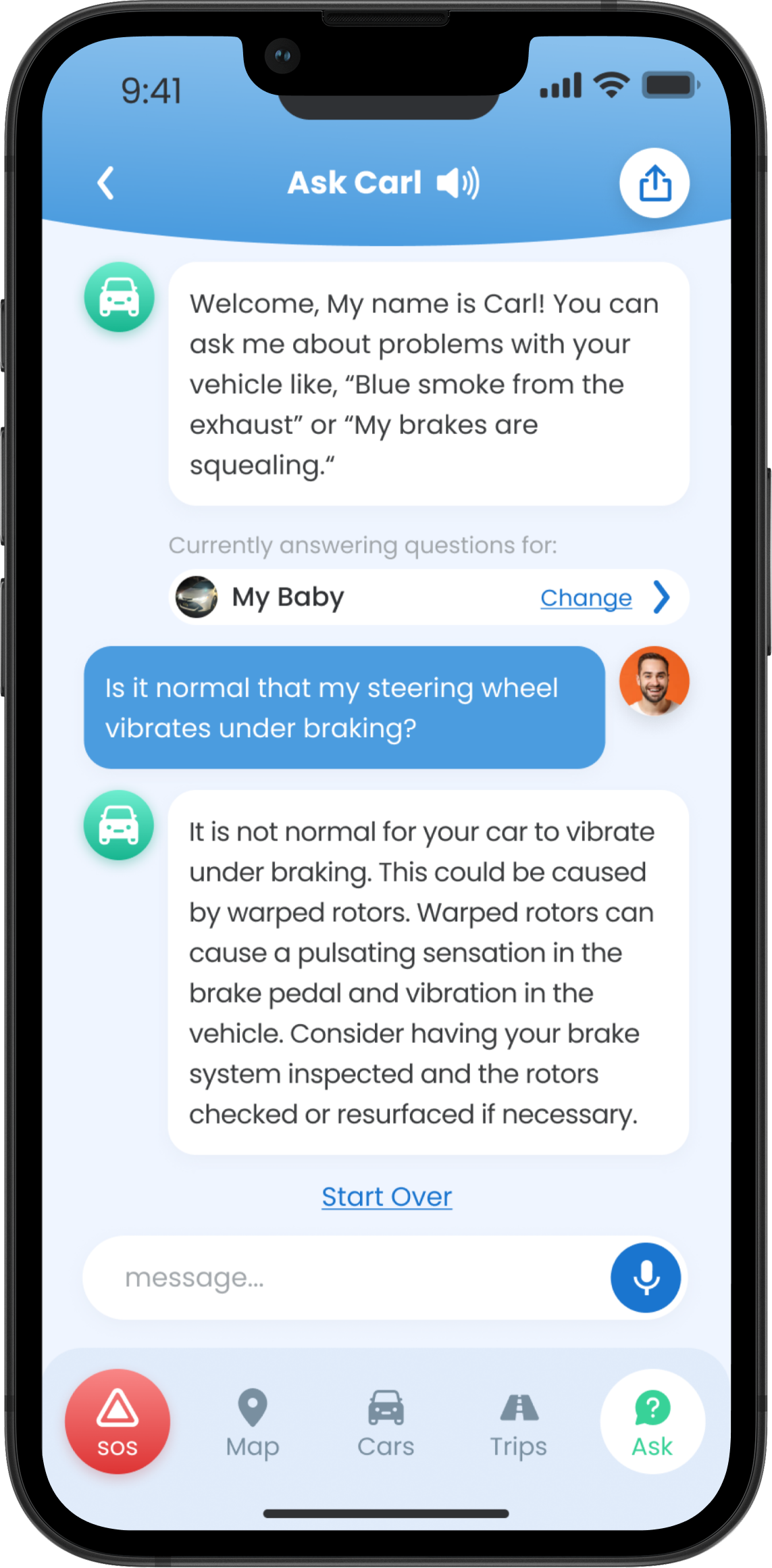 CarMD Connect app showing the Ask CarMD AI chat with diagnostic answers