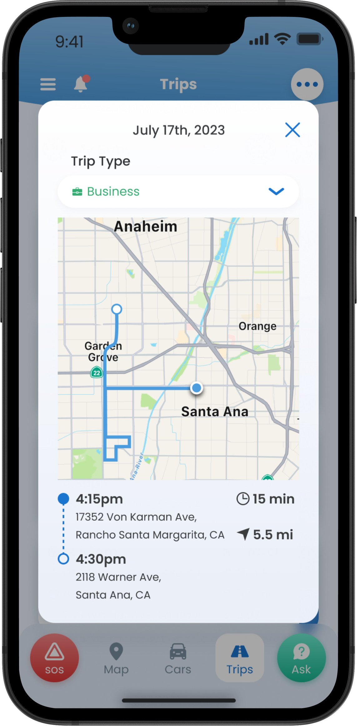 CarMD Connect app showing an automatic list of recent trips with distance and time