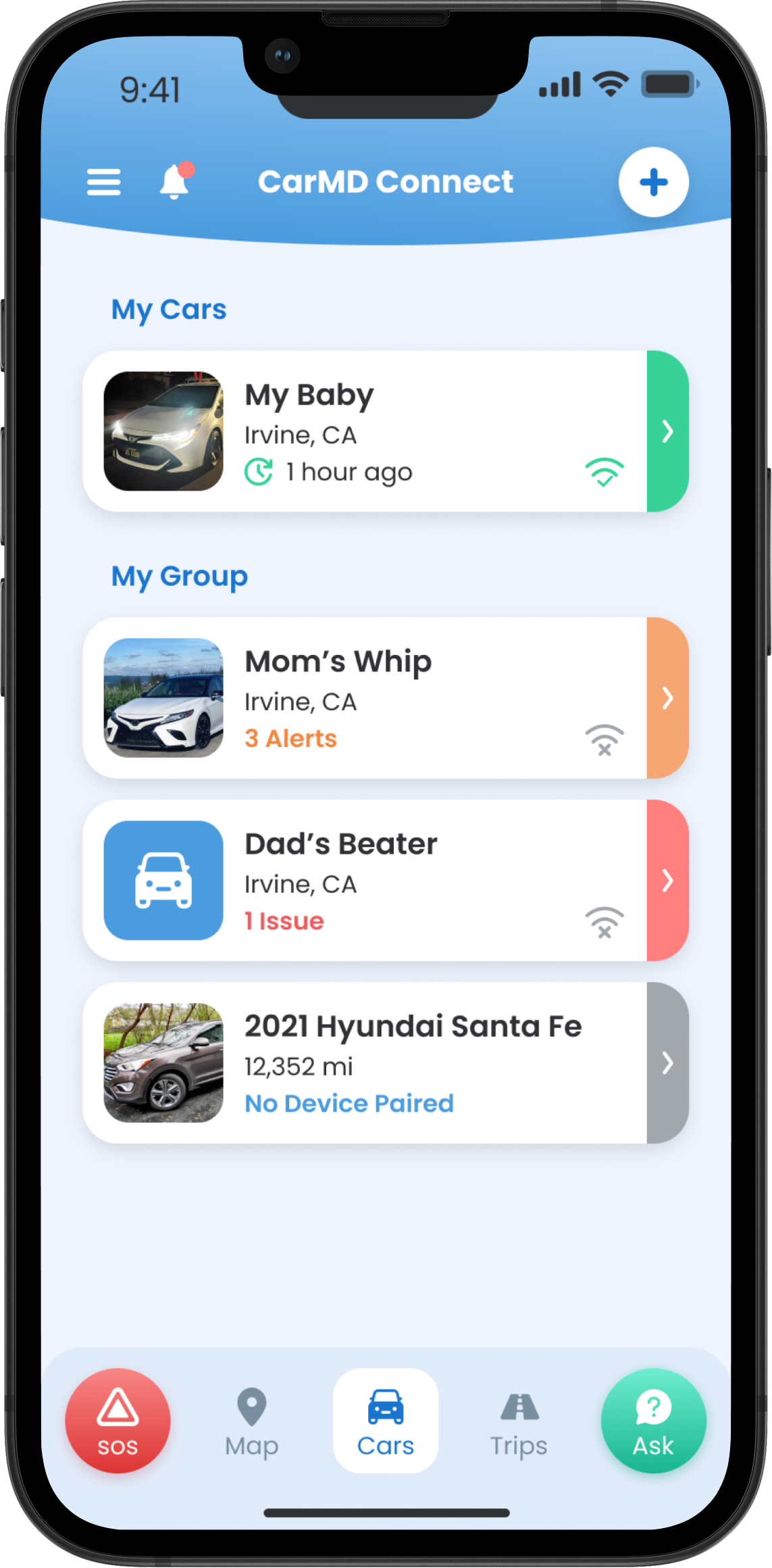 CarMD Connect app showing geofencing zone configuration and arrival alerts