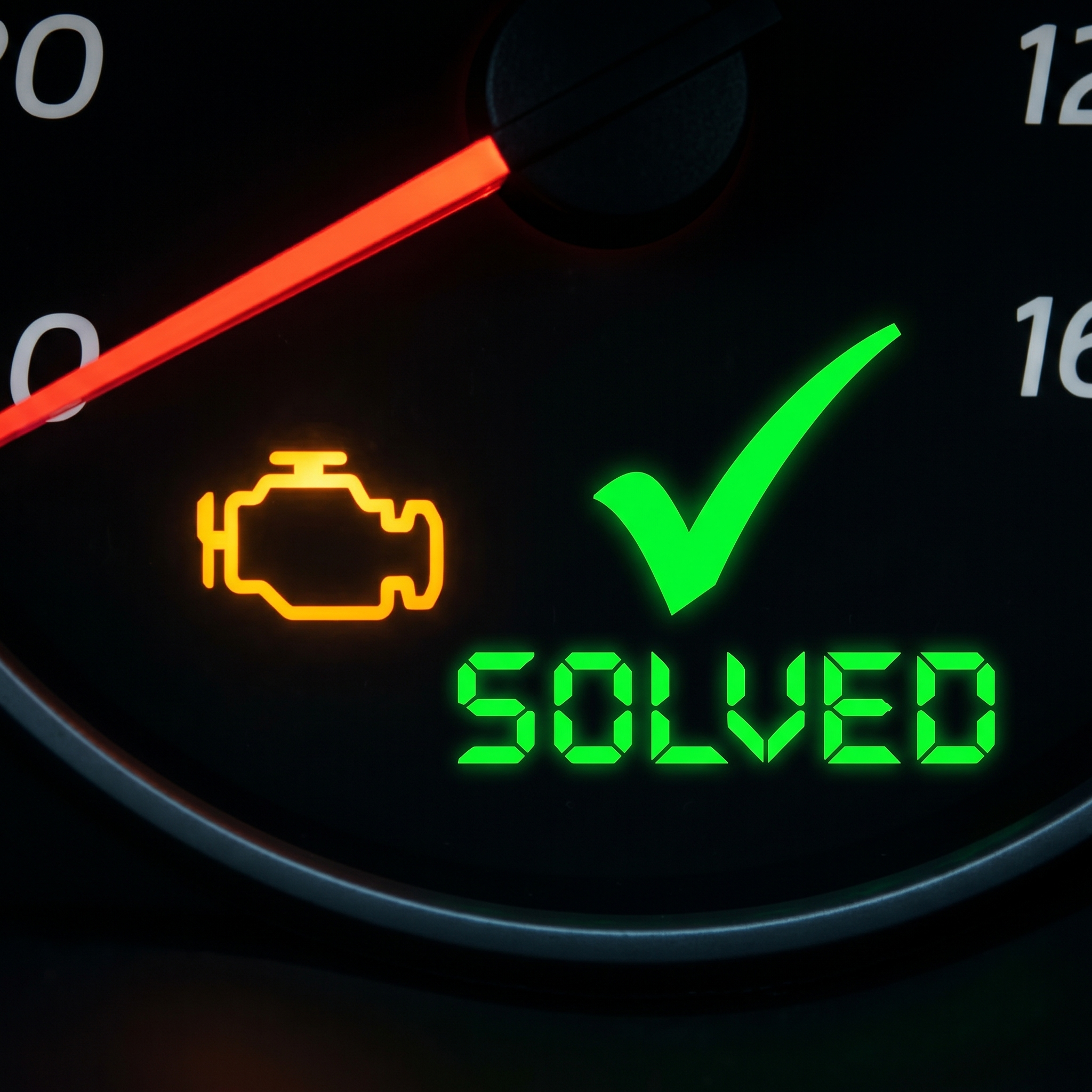Car dashboard check engine light with a green check mark reading SOLVED