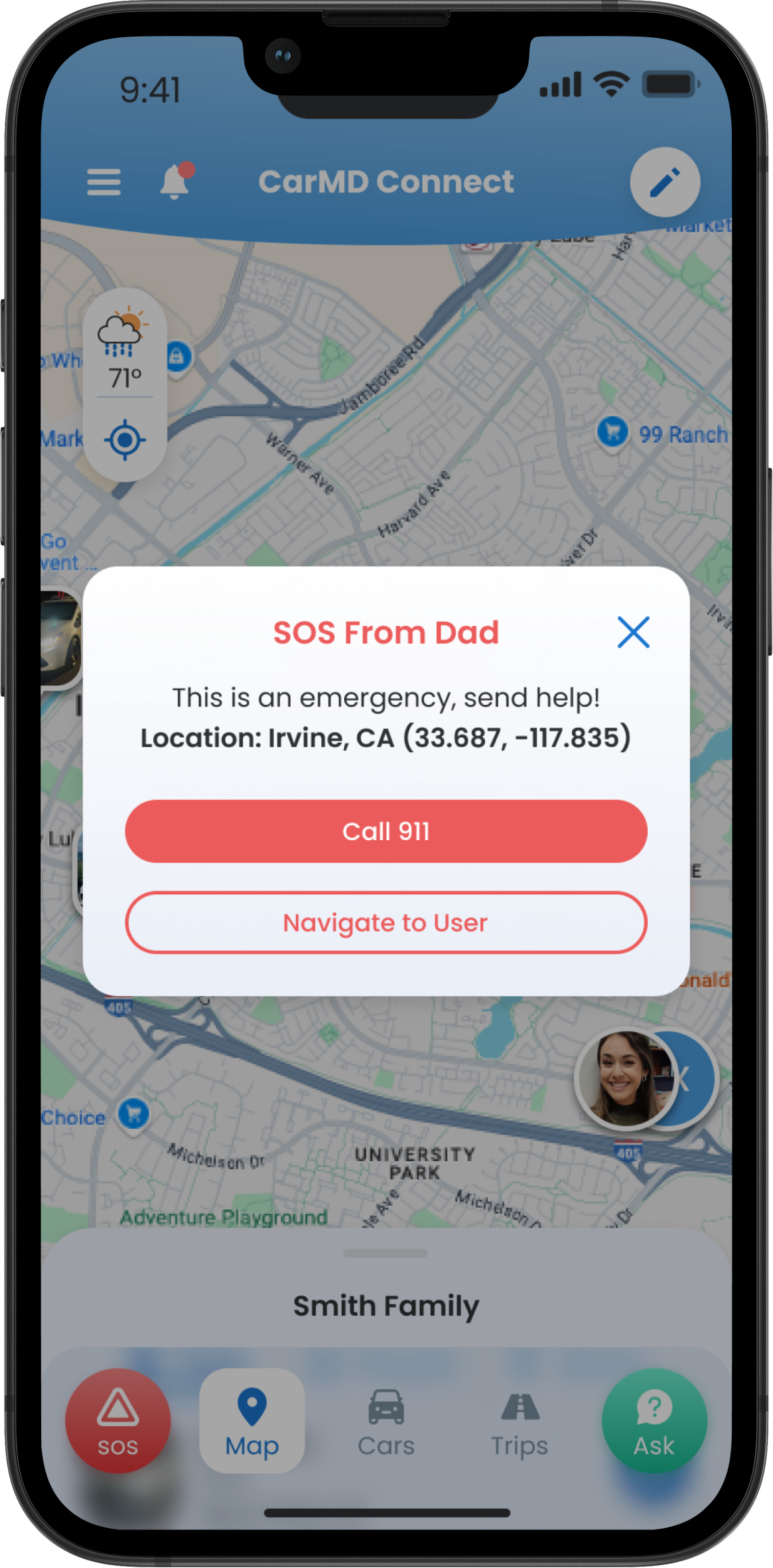 CarMD Connect app SOS alert screen with emergency notification to family