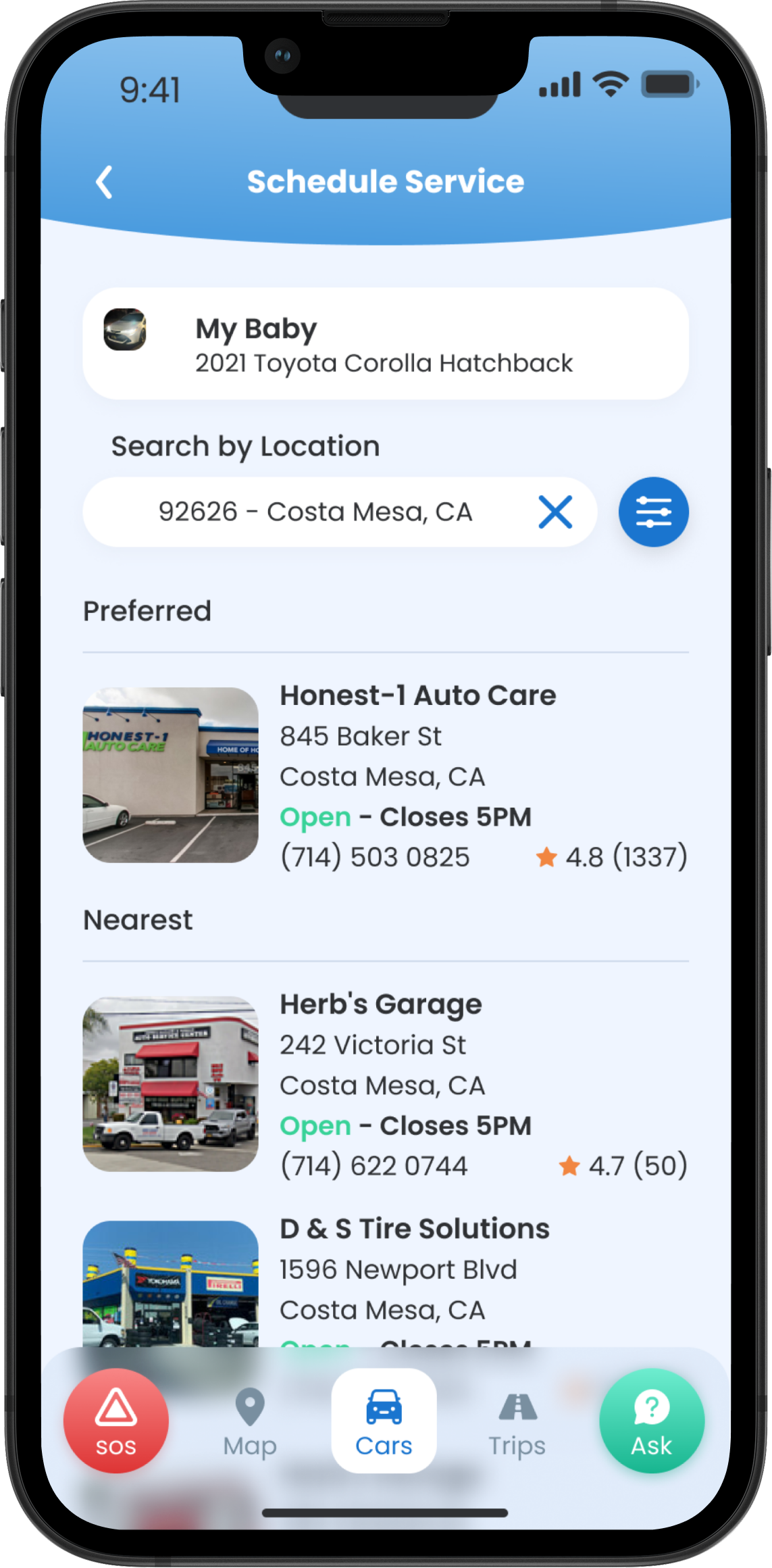 CarMD Connect app showing trusted mechanic network with upfront pricing