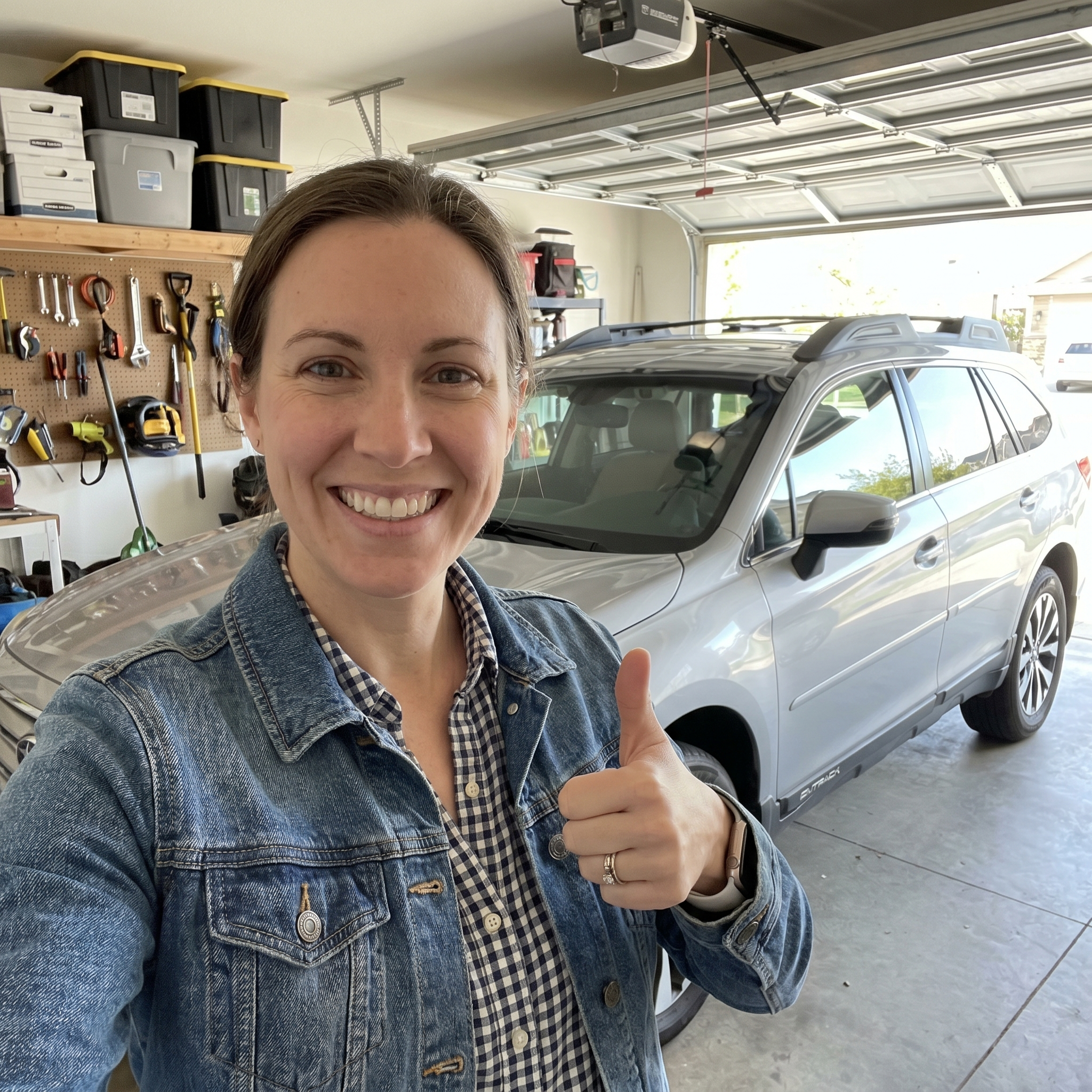 Confident driver looking at the CarMD Connect app showing a plain-English diagnosis and clear repair cost